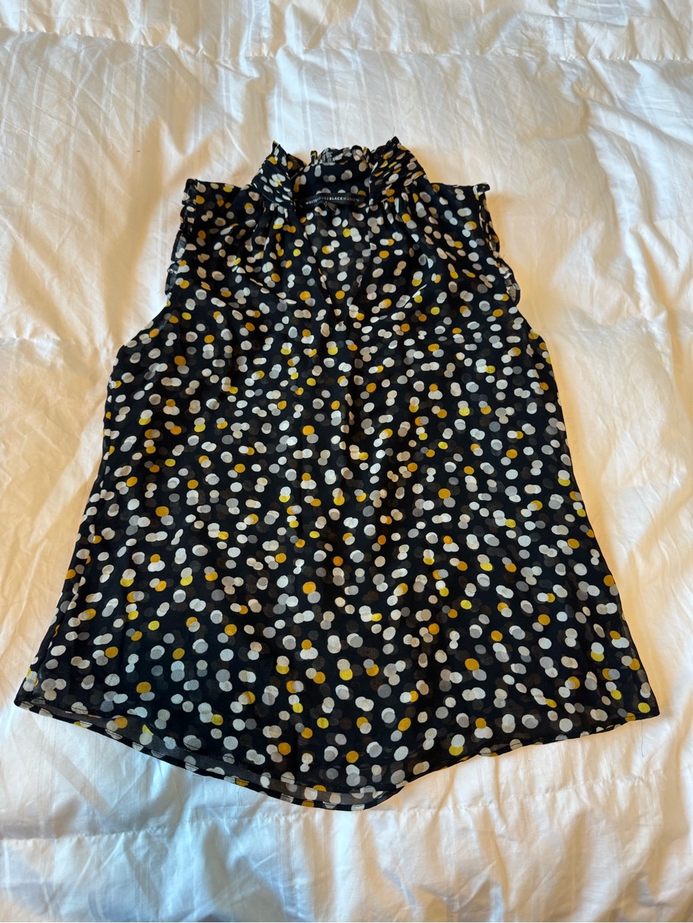 White House Black Market Black Sleeveless Ruffle Neck Polka Dot Blouse